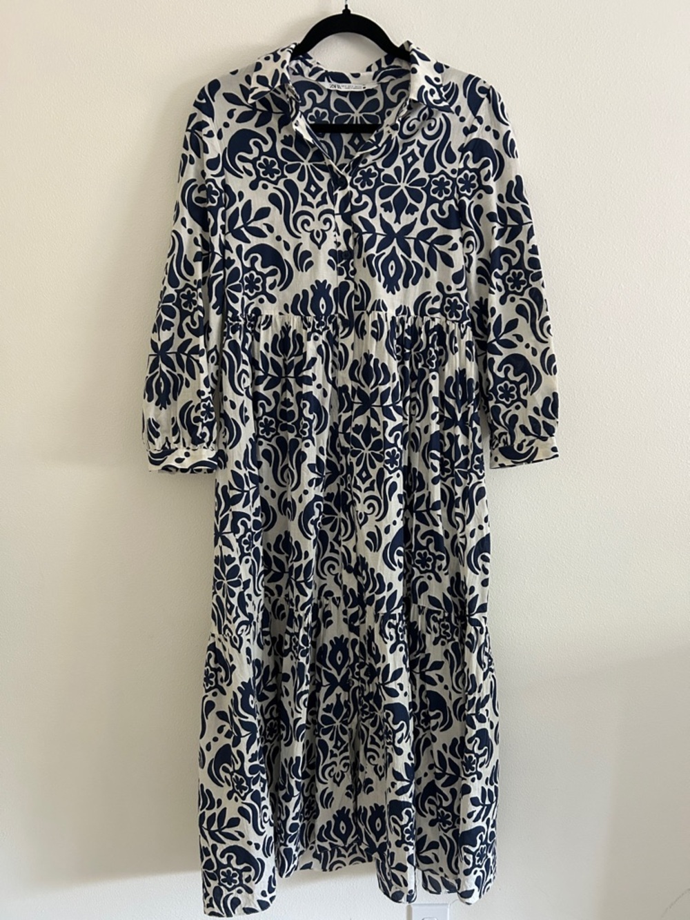 Zara Navy & White Damask Print 100% Cotton Midi Collared Shirt Dress Size Small